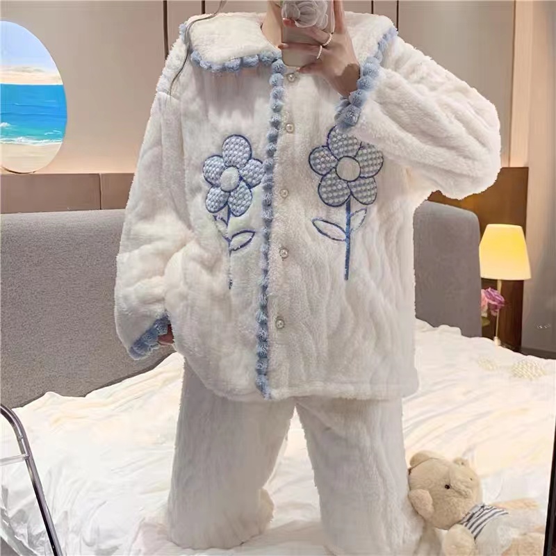 2025秋冬季新款睡衣女小兰花家居服套装可外穿保暖韩版毛绒家居服