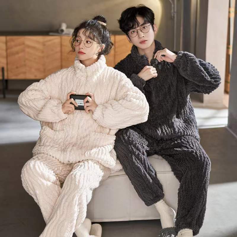 2025冬季睡衣情侣款纯色拉链高领睡衣男女同款家居服休闲可外穿