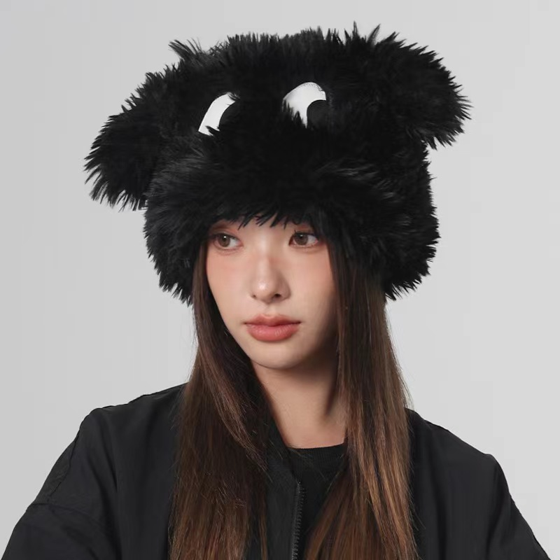 冬天防寒护耳帽毛茸茸帽子女冬季保暖毛绒可爱大眼小狗遮耳水桶帽