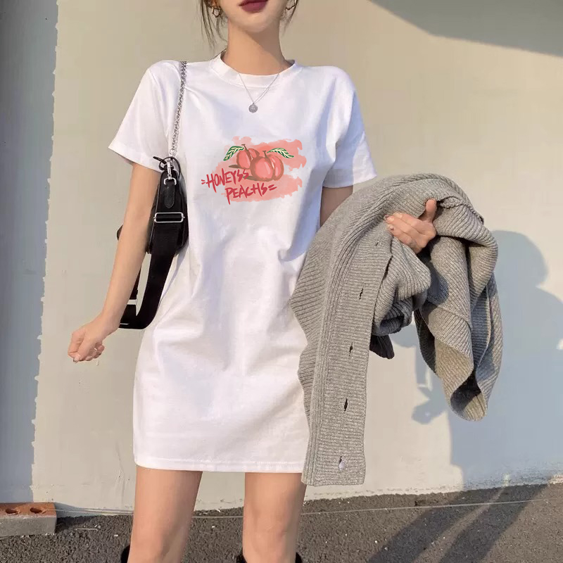 短袖T恤女夏季新款印花圆领中长款纯棉设计感洋气修身打底衫上衣