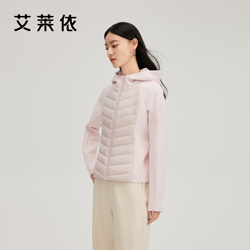 艾莱依新款连帽拼接轻薄羽绒服女款冬季修身时尚休闲简约外套7088