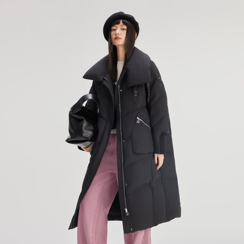 艾莱依2024冬季新款两穿领长款羽绒服女时尚国标户外加厚羽绒服