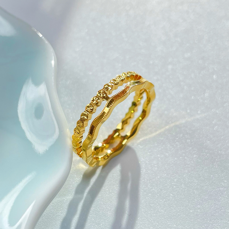 足金999仿钻米字波浪双层叠戴戒指ins精致个性轻奢