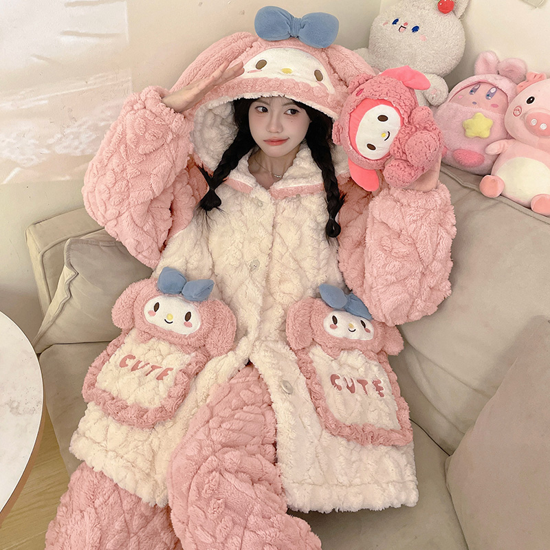 美乐蒂珊瑚绒加厚加绒三层夹棉袄睡衣女款秋冬季家居服套装法兰绒