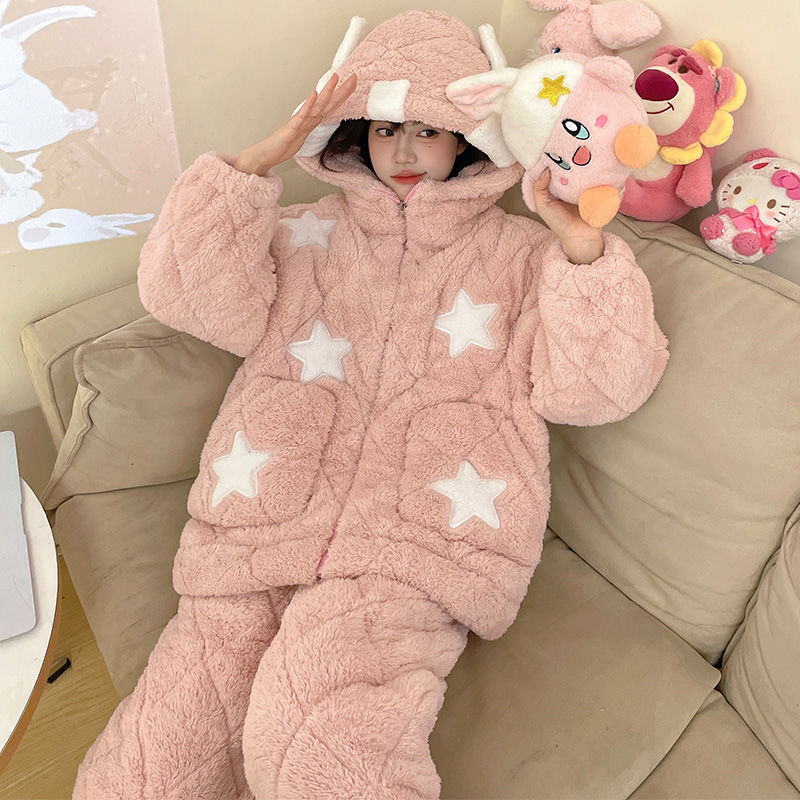 保暖珊瑚绒秋冬2024新款连帽夹棉睡衣女加绒加厚法兰绒居家服套装