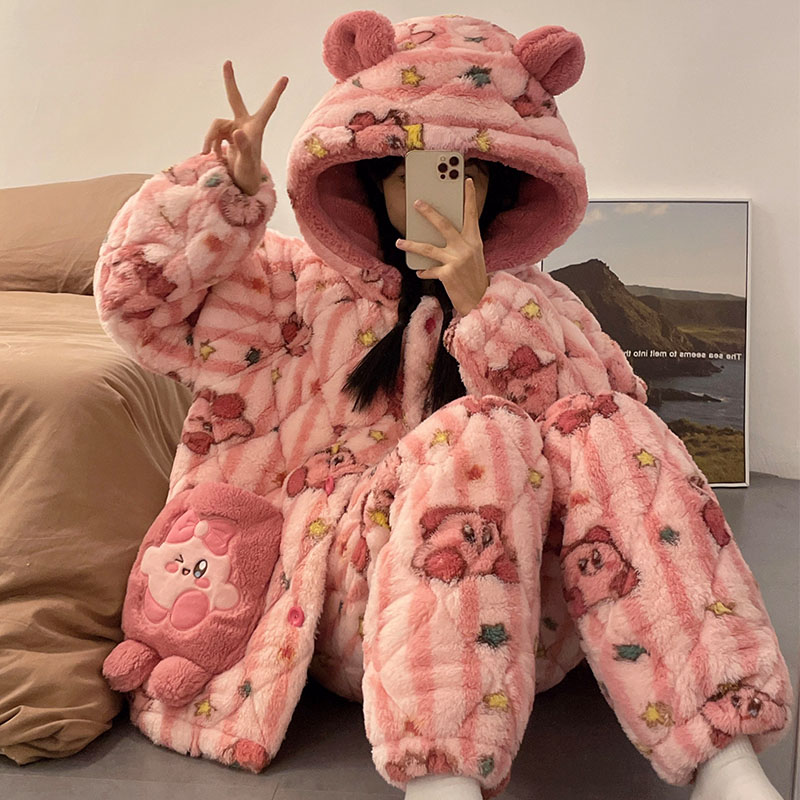 睡衣女三层夹棉秋冬季珊瑚绒卡通加厚2024新款可爱冬天家居服套装