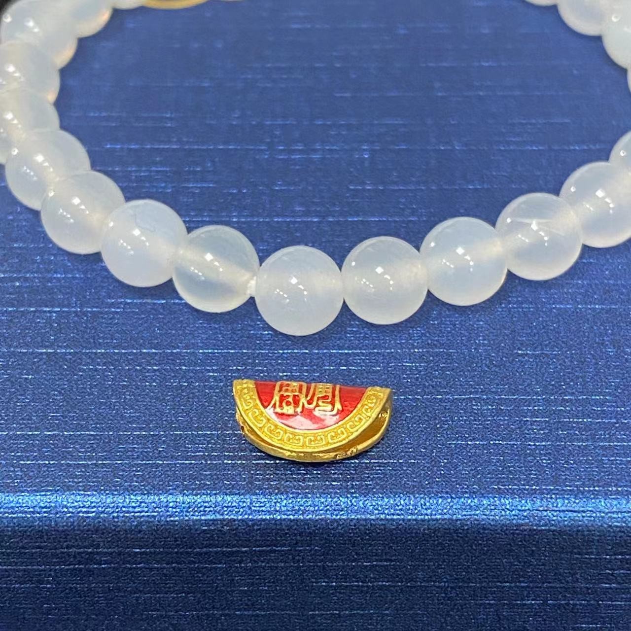 足金烧蓝太岁饺子白色玛瑙手串@@A169