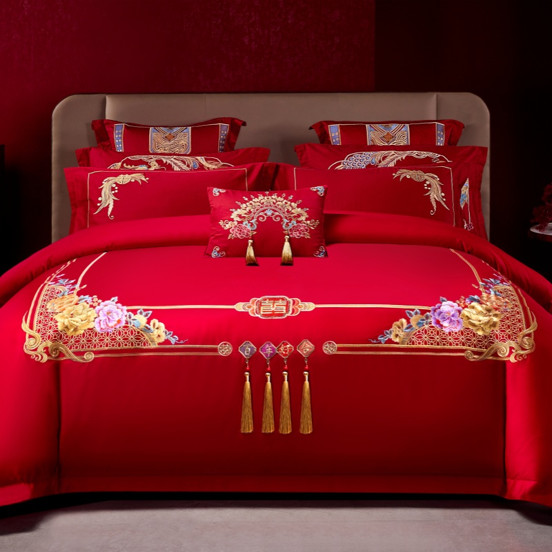 D&R【吉祥如意-金色】高端刺绣花嫁喜事婚庆大红色婚房床上用品