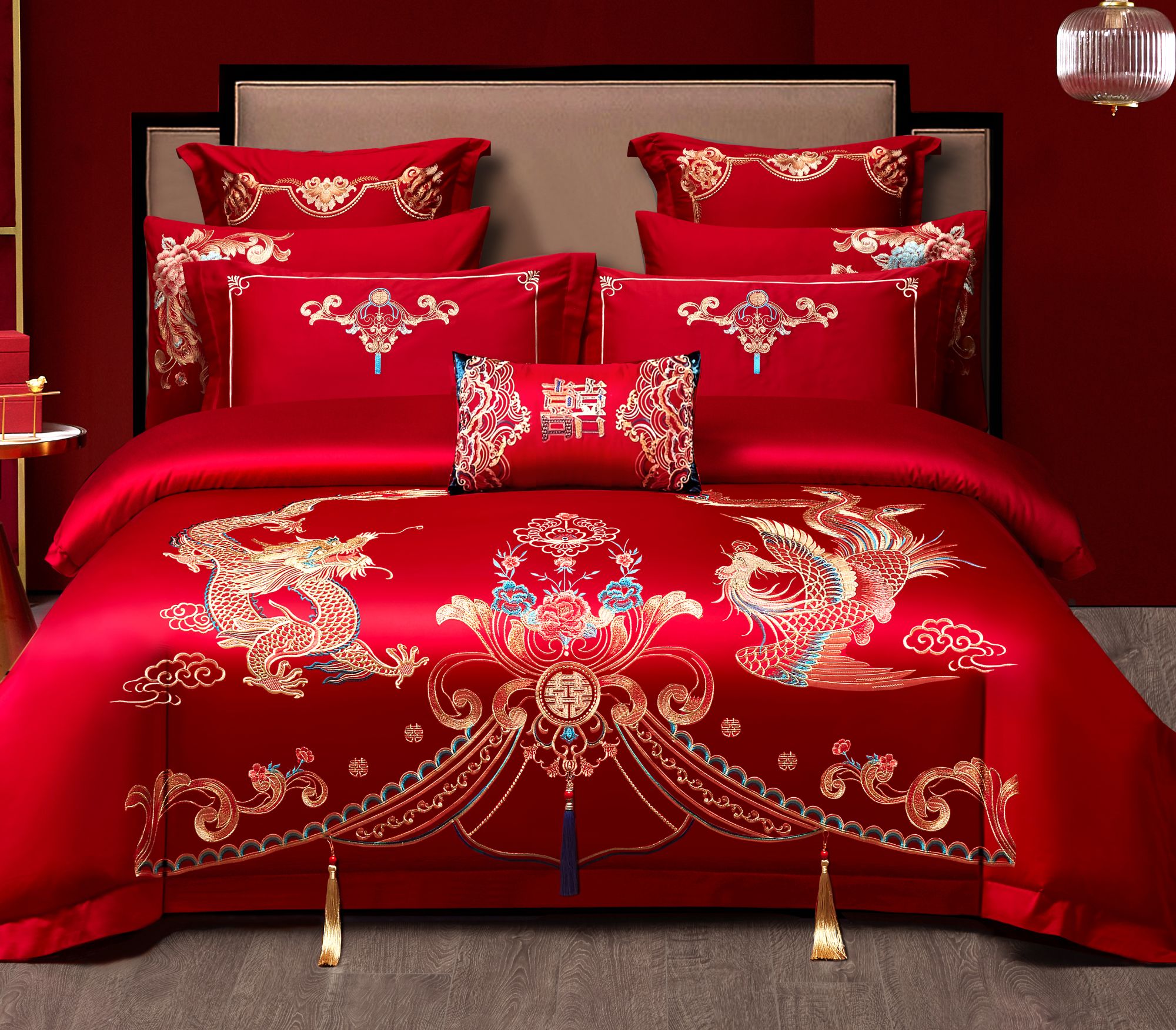 D&R【花嫁喜事】高端刺绣花嫁喜事婚庆大红色婚房床上用品
