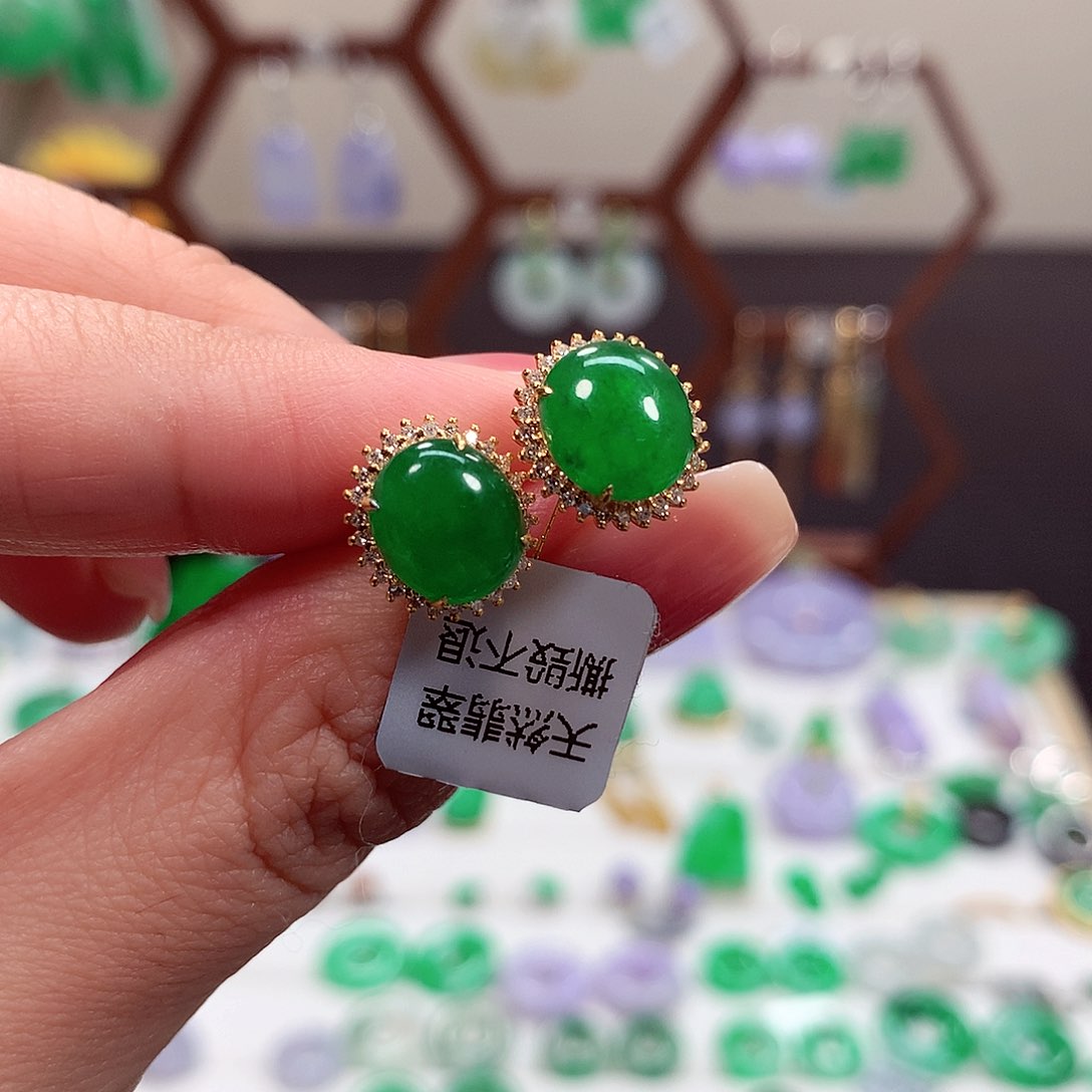 翡翠耳饰18K金镶嵌天然翡翠