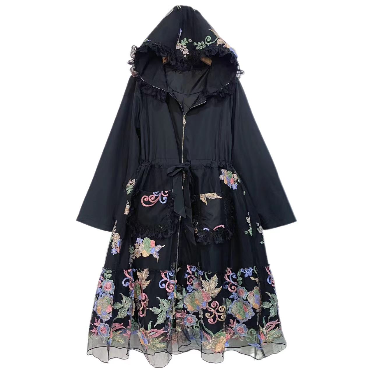 【含香花连帽拉链款外套】刺绣飘花款重工有口袋风衣外套89362