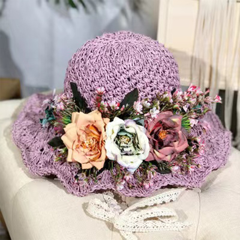 拉菲草手工编织蕾丝系带草帽女夏小清新田园风出游遮阳帽沙滩帽