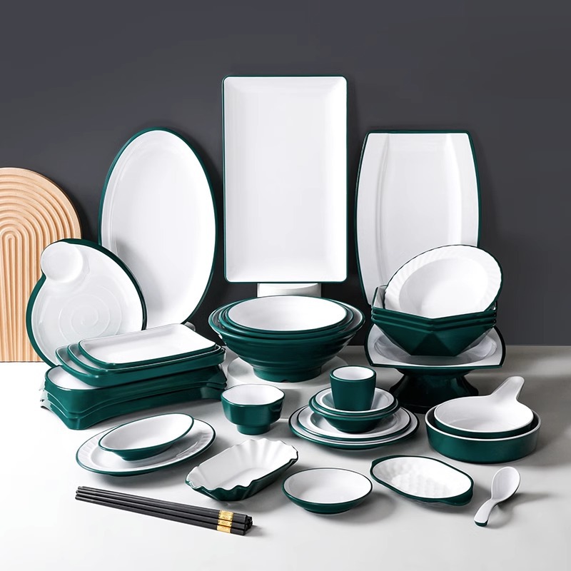 墨绿白密胺餐具盘子商用酒店餐厅饭店专用盘仿瓷塑料炒菜餐盘