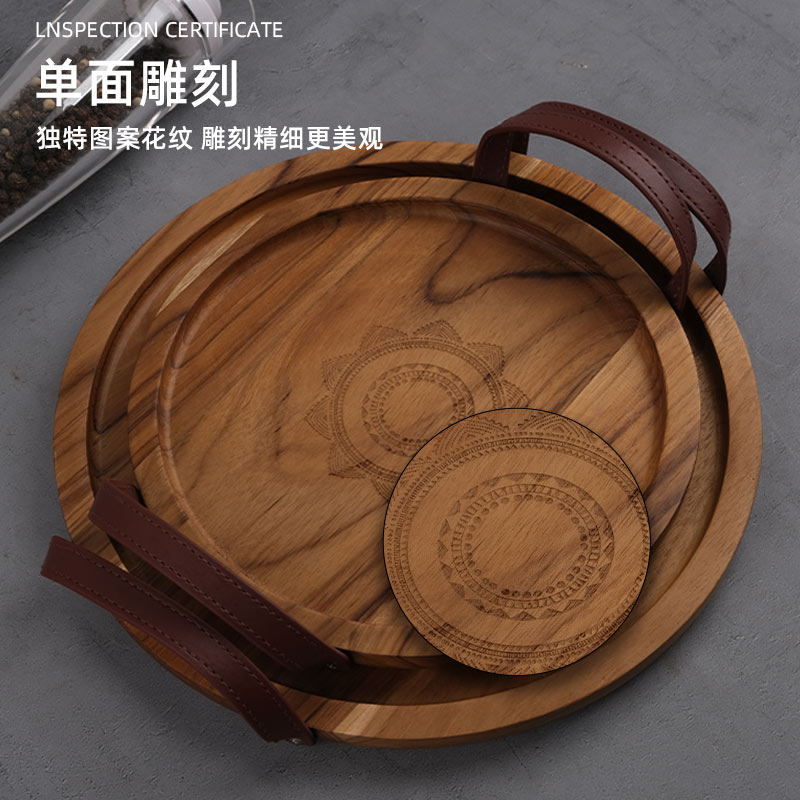 梵木奢厨缅甸柚木高颜值圆形多功能加厚防油不粘点心面包茶盘托盘