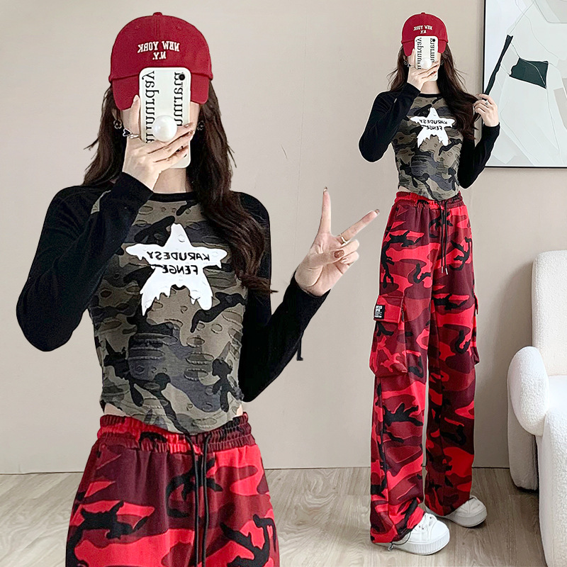 【迷彩长袖T恤】2023秋季新款时尚百搭显瘦女撞色迷彩长袖T恤曳步舞