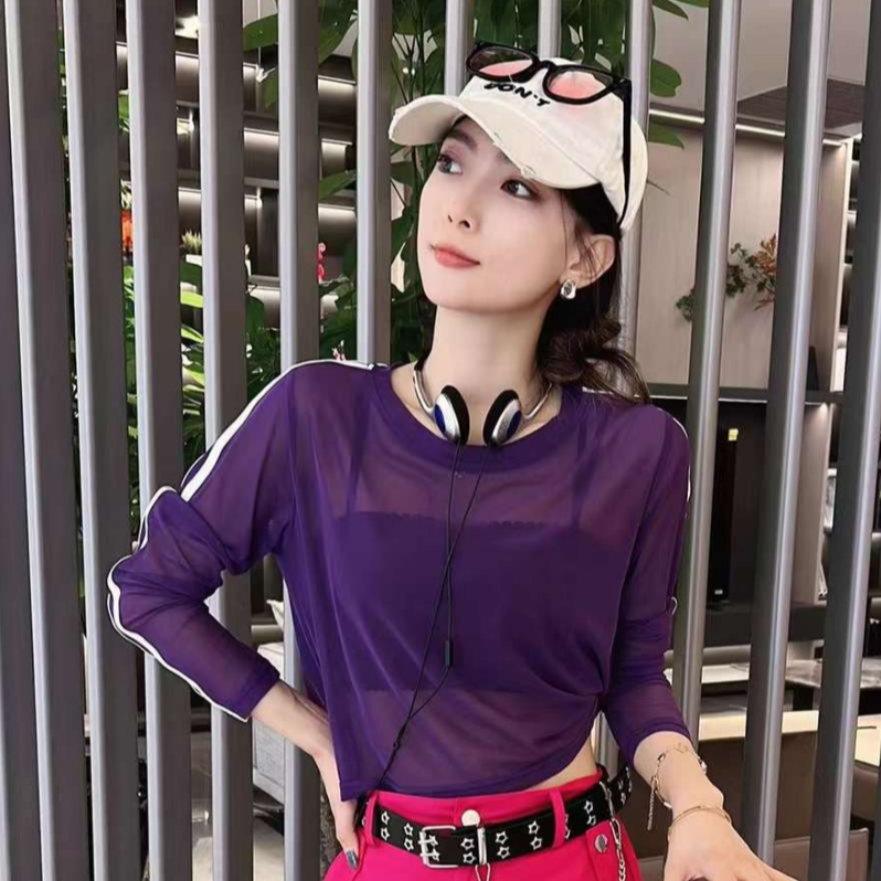 夏季新款广场舞时尚百搭显瘦圆领弹力网纱长袖女曳步舞鬼步舞上衣