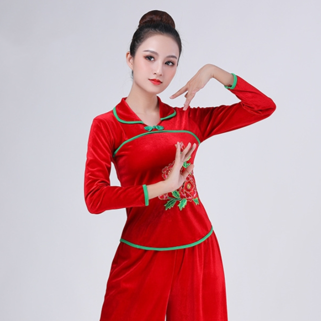 新款广场舞金丝绒民族风金丝绒牡丹披领古典舞服装大码跳舞衣SY