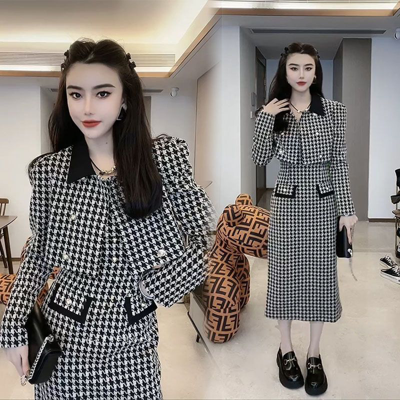 千鸟格连衣裙套装女2024秋小香风短款外套+撞色背心连衣裙两件套