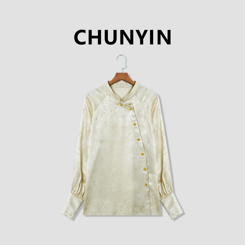 李心儿【南宫】新中式国风设计师宽松休闲提花时尚气质立领T恤20574