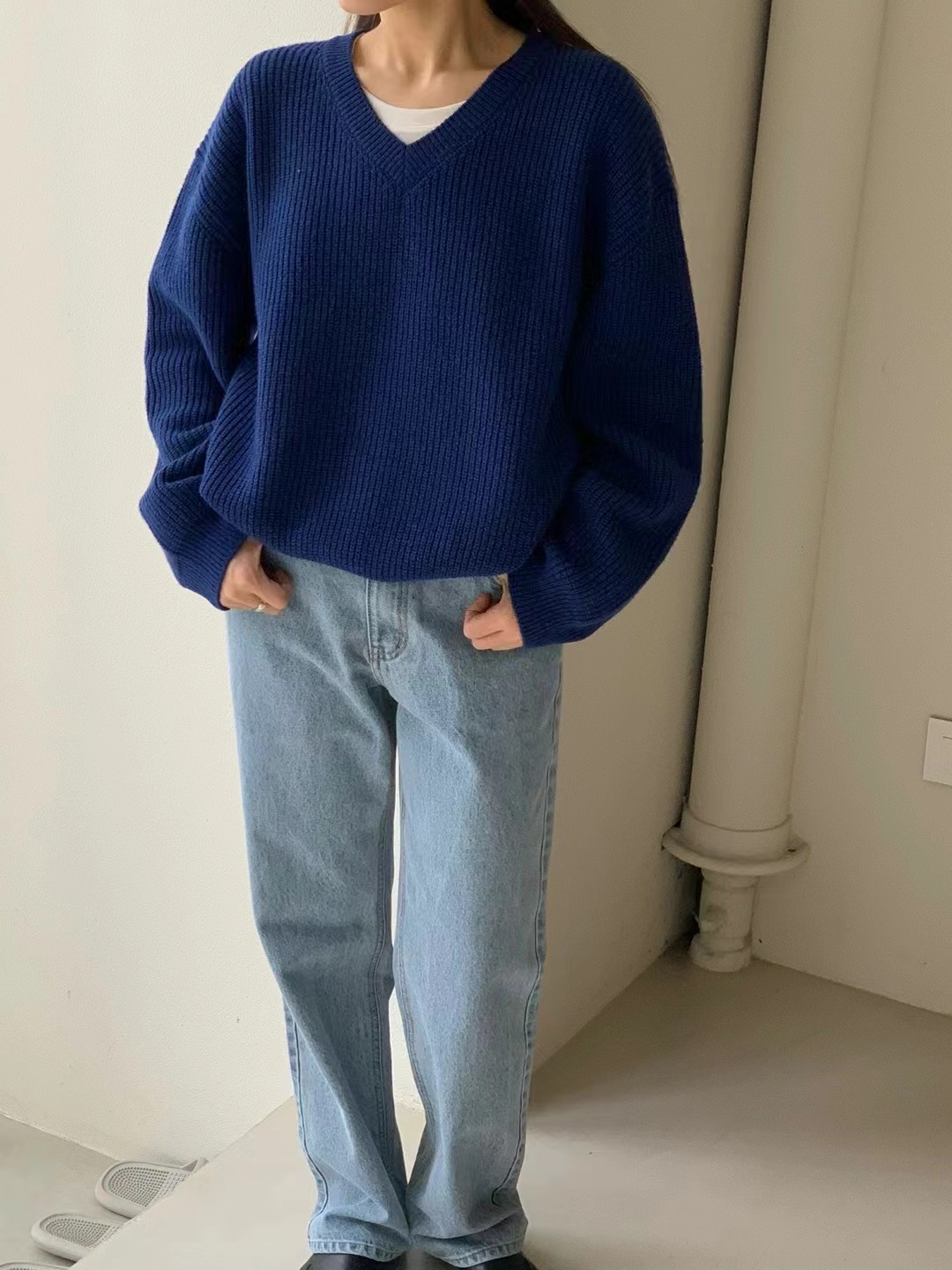 韩国东大门正品mo冬款咩咩宝蓝色毛衣