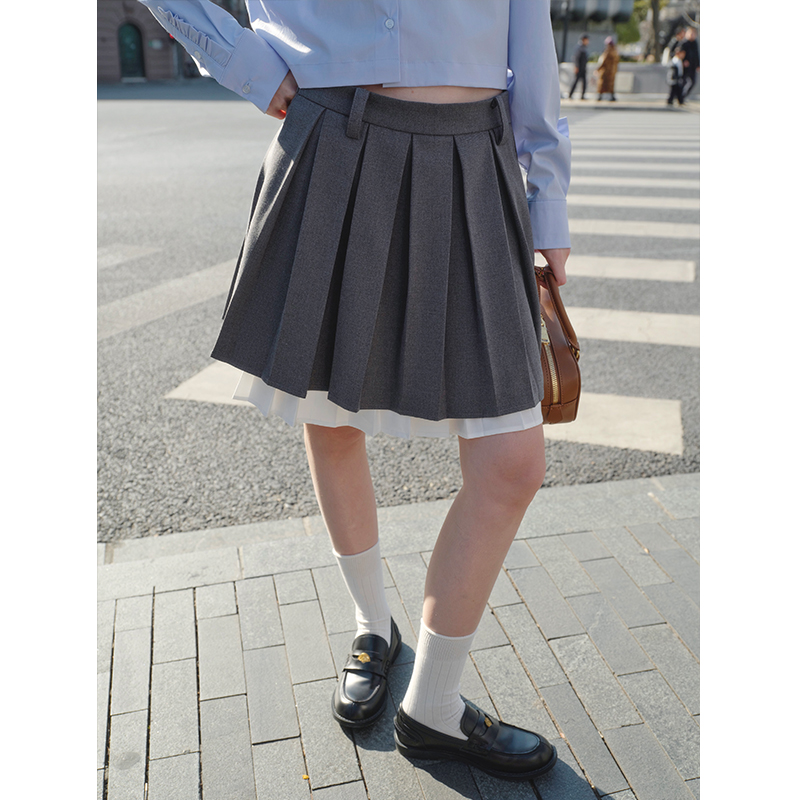 ANTIFORM双层百褶中裙女春夏复古学院风低腰显瘦中裙防走光裙子