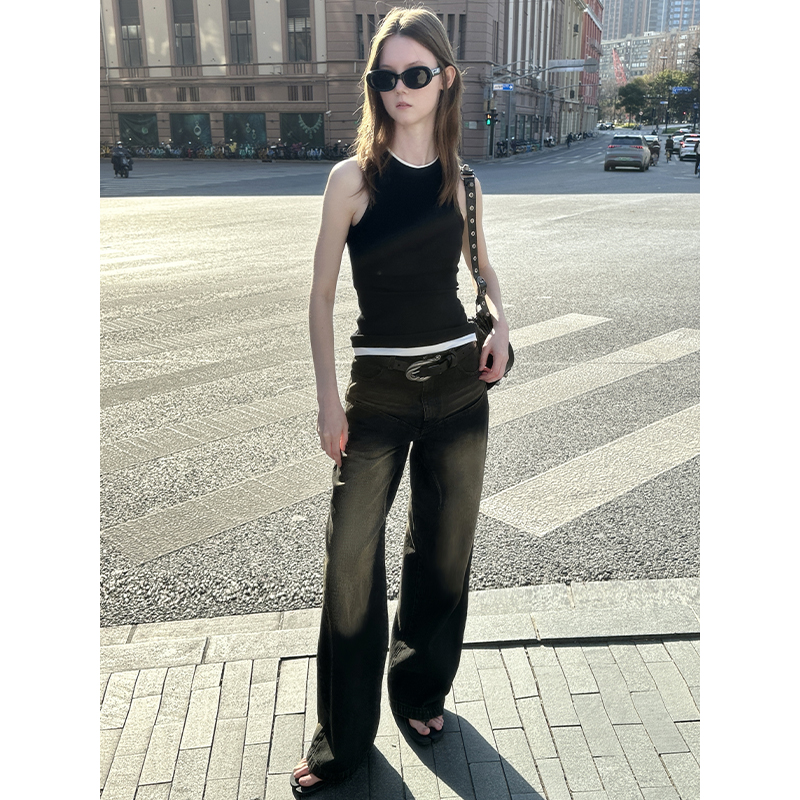 ANTIFORM设计高品质美式复古水洗牛仔裤女春夏低腰阔腿裤宽松显瘦