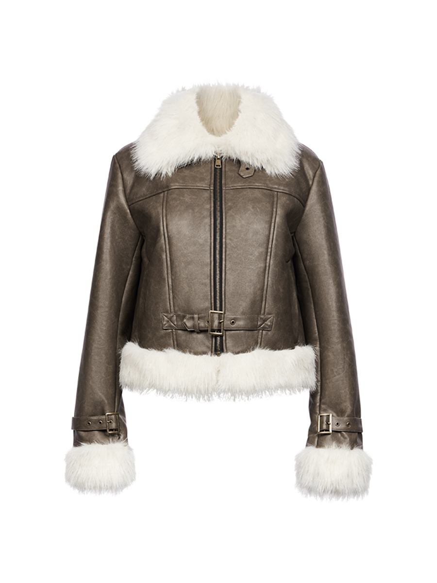 ANTIFORM美式复古皮毛一体短款时尚女皮夹克冬季百搭毛毛外套