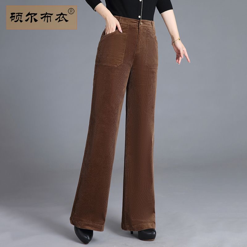 新款高腰显瘦灯芯绒直筒裤保暖时尚条额妈妈裤微弹窄版阔腿裤女士