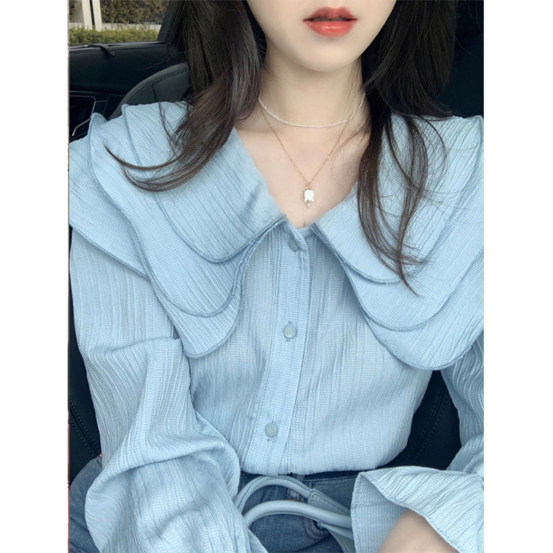 CY春夏装2023新款别致设计感小众温柔法式上衣蓝色娃娃领衬衫仙女