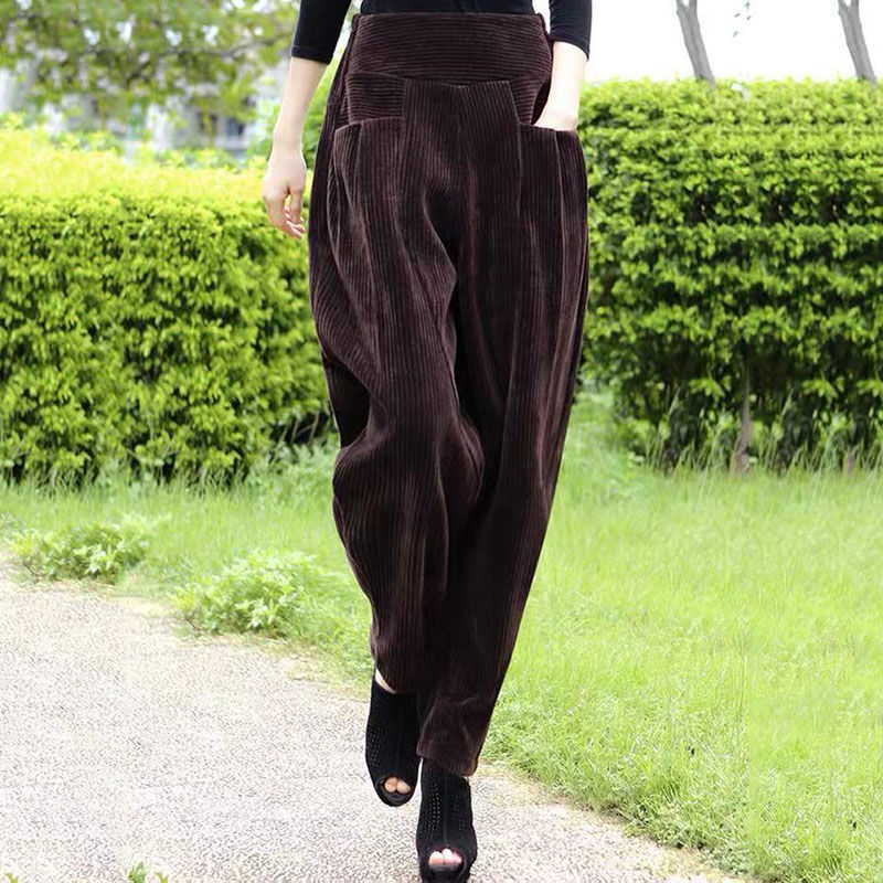 CY加绒加厚条绒哈伦裤2023秋冬女士萝卜裤宽松灯芯绒休闲厚款胯裤