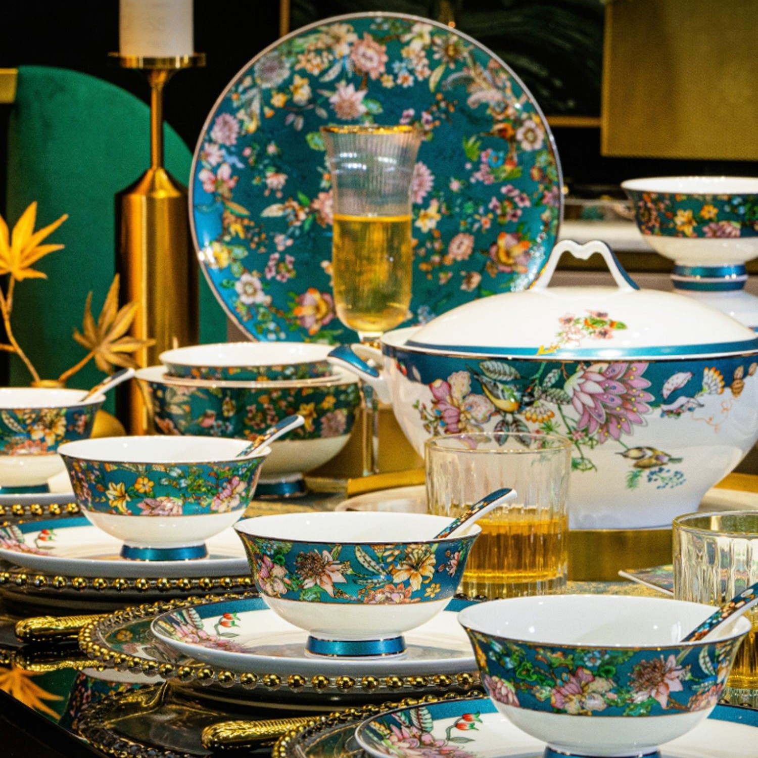 【预算1200-1900】景德镇莺啼花开餐具套装高档珐琅彩碗碟家乔迁礼