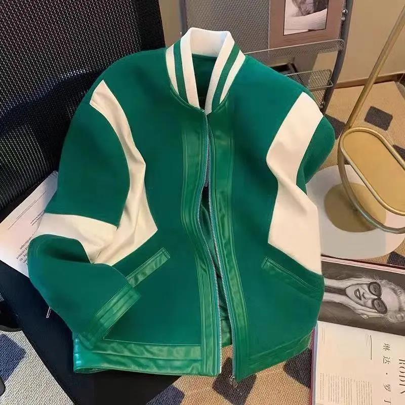 美式复古毛呢拼接棒球服男春秋潮牌潮流痞帅夹克ins情侣宽松上衣