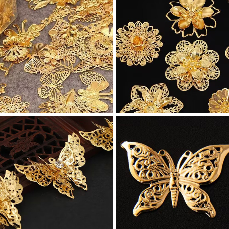 手工金片古风金属花片镂空蝴蝶diy配件发簪步摇汉服团扇树叶金色