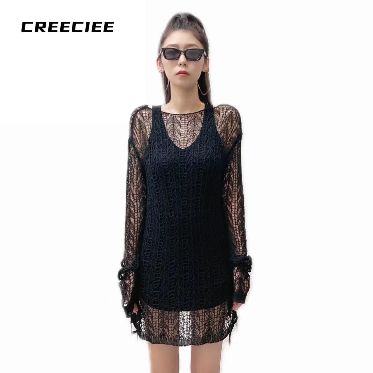 【鱼网衫】黑色镂空毛衣长款（内搭另外配）
