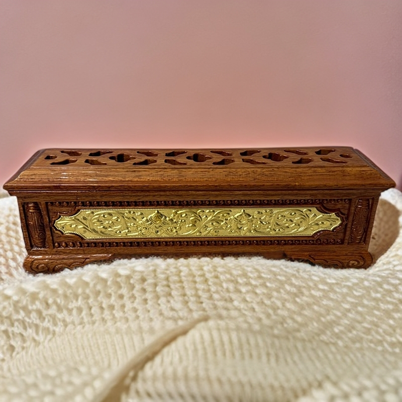 民族元素纯实木制作香盒咖色大号