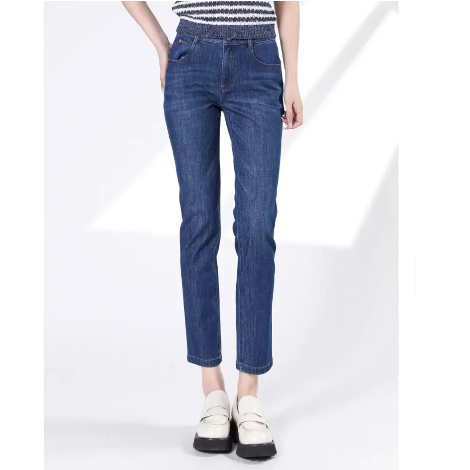 AMASS/阿玛施时尚经典休闲百搭九分裤高腰深蓝牛仔裤女 5100525