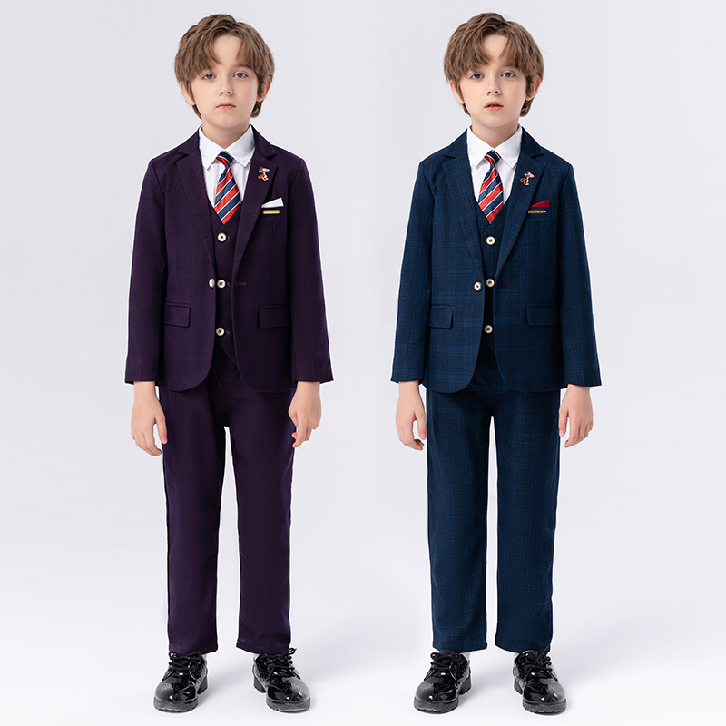 2023精品男童小西装英伦风帅气格子男孩儿童花童婚礼服秋冬小西服