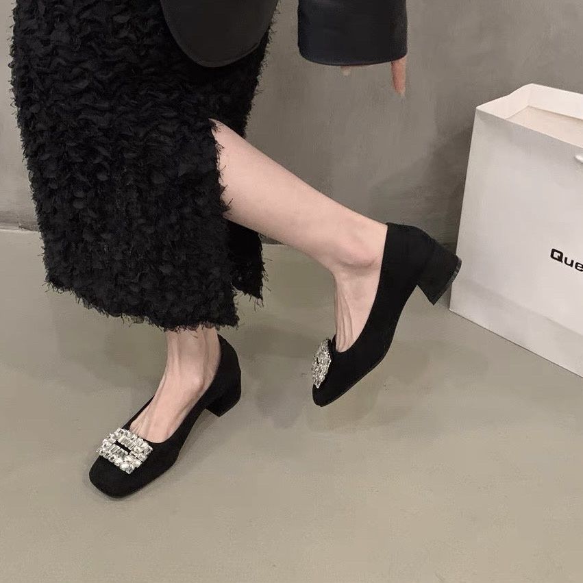 法式中跟黑色通勤单鞋女鞋子2023年新款春秋季气质水钻方头工作鞋