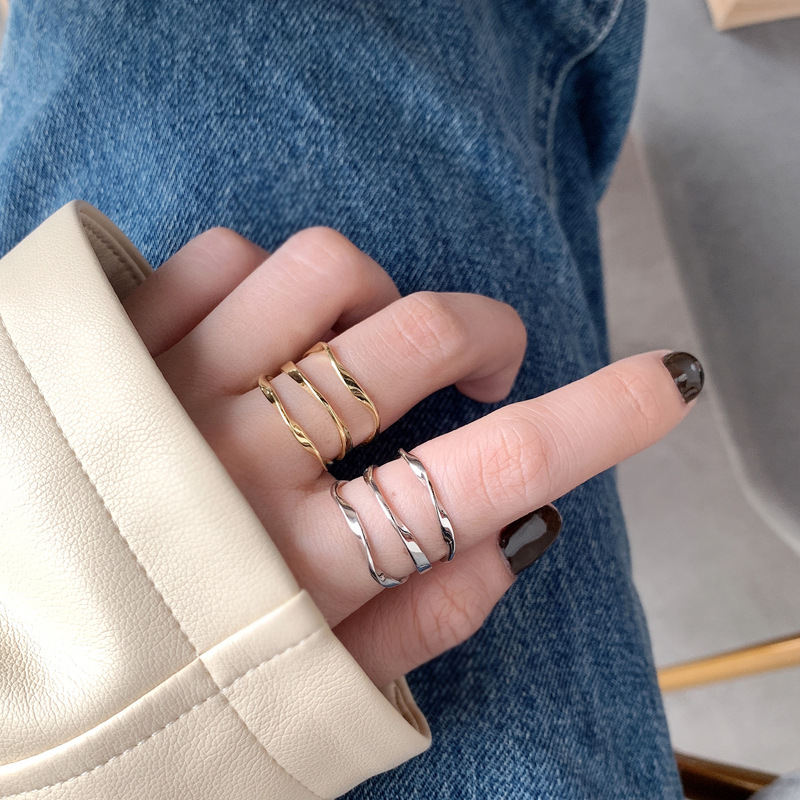 925银戒指 复古个性小众极简风高质感三层扭线开口戒指叠戴单戴