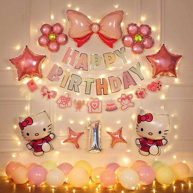 女宝宝生日装饰场景布置女孩周岁KT猫主题气球背景墙儿童派对用品