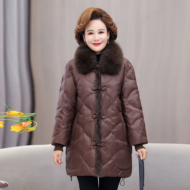雪中飞中老年羽绒服女中长款洋气妈妈装冬装新款外套宽松大码白鸭