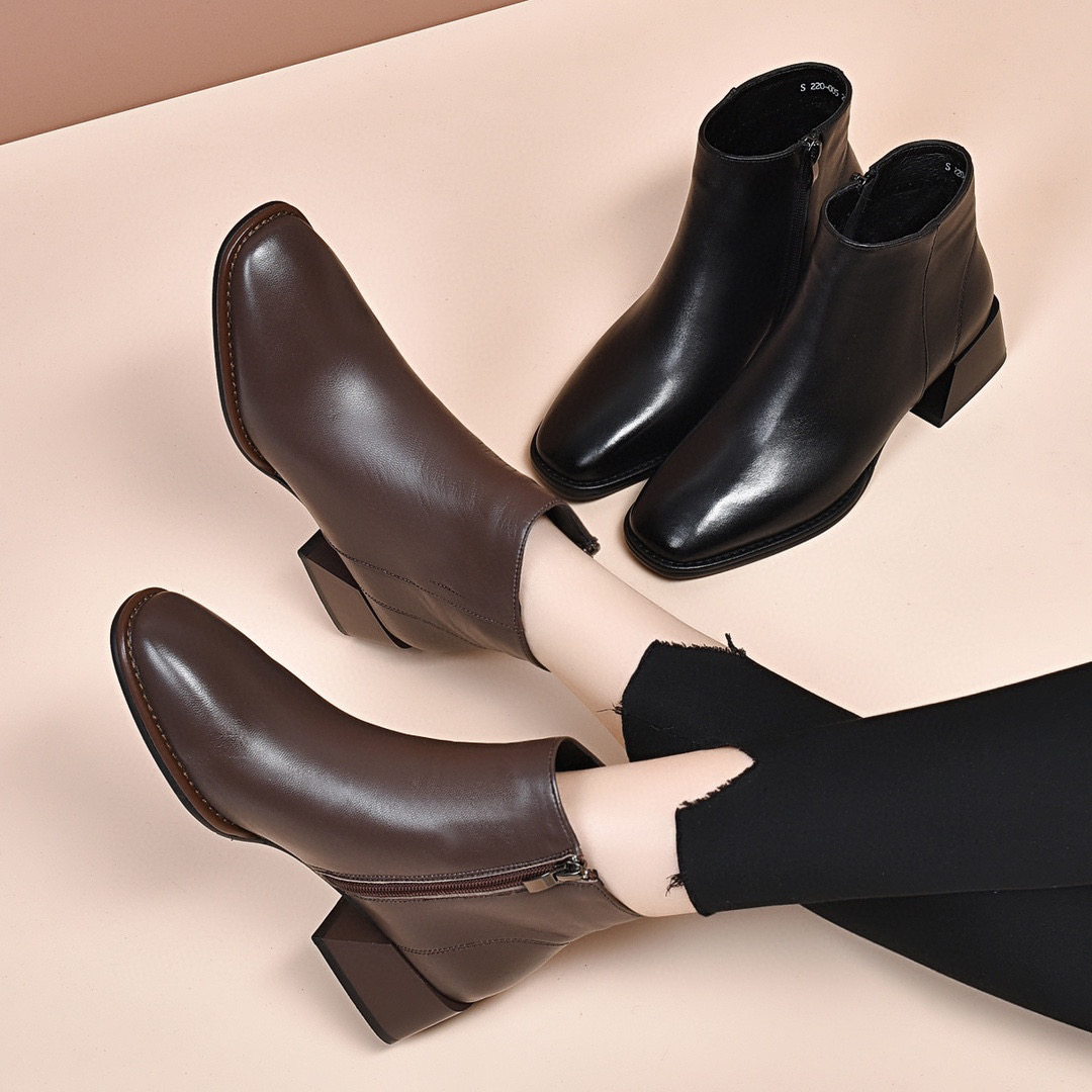 羊皮真皮马丁靴粗跟短靴女年秋冬季新款百搭方头软皮靴子中跟加绒