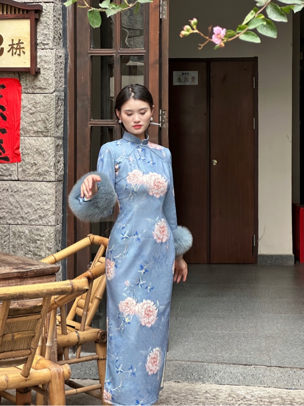 叁屿定制 兰花芷旗袍～国风温柔复合加绒狐狸毛袖口八分袖旗袍