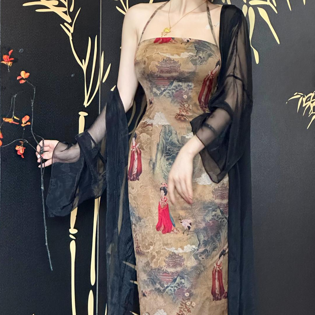 叁屿定制 美人图~复活款新中式改良高级提花缎面挂脖绑带连衣裙