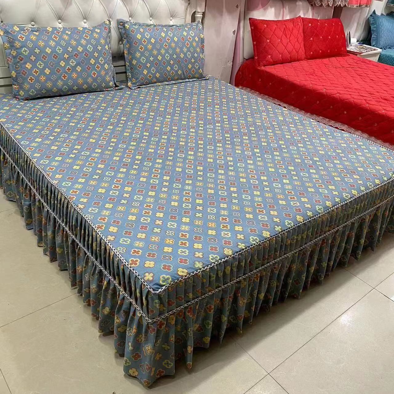 （清新小花）加厚斜纹四季款单件床罩床裙床上用品双人床花边