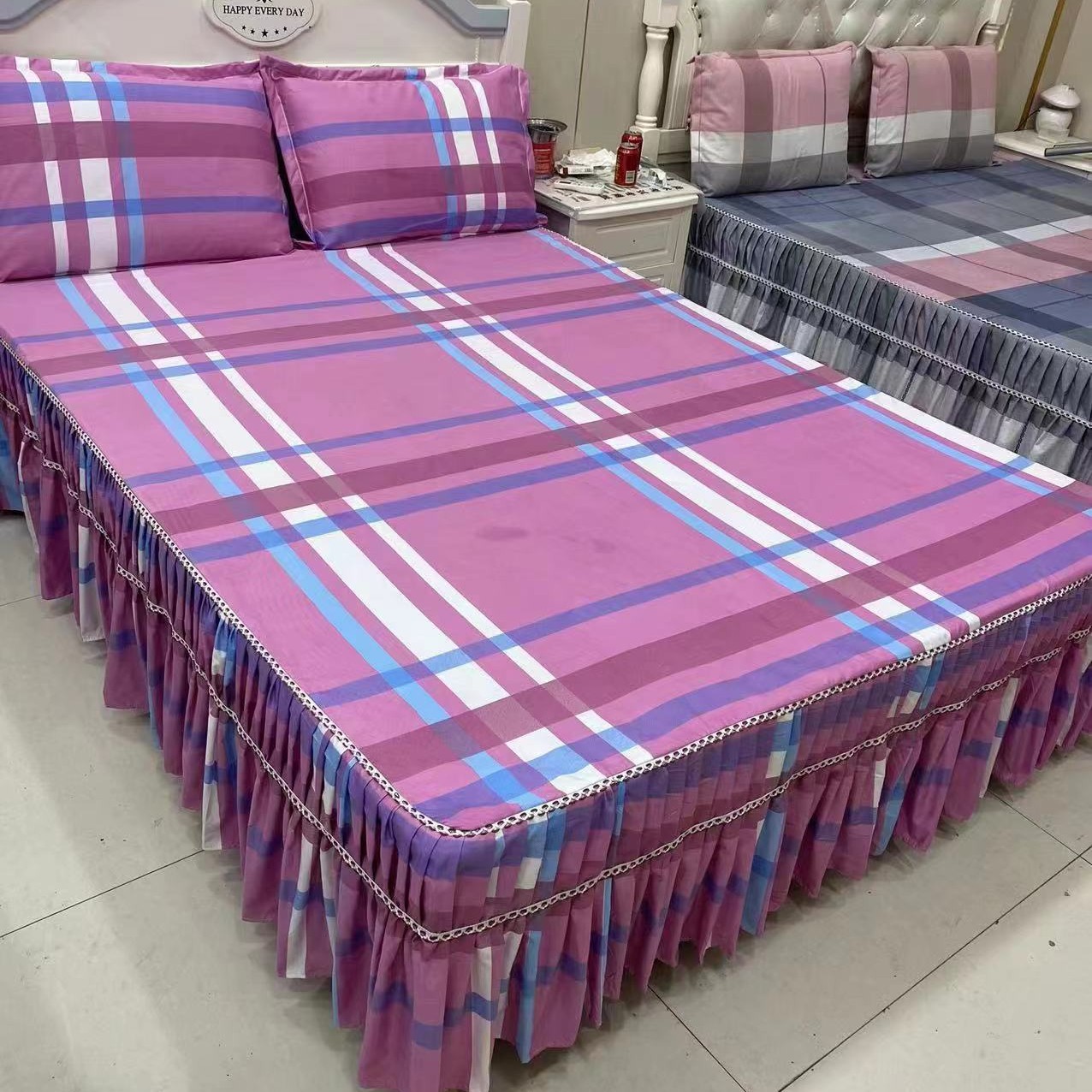 （紫色方格）加厚斜纹四季款单件床罩床套罩花边