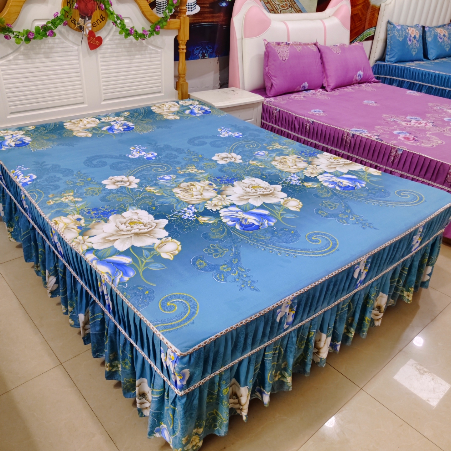 （富贵牡丹）加厚斜纹四季款单件磨毛床罩床上用品双人床花边