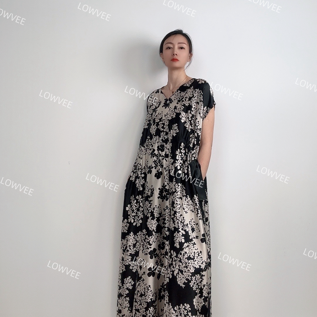 LOWVEE[正版-墨香] 桑蚕丝连衣裙印花法式遮肉显瘦真丝短袖长裙