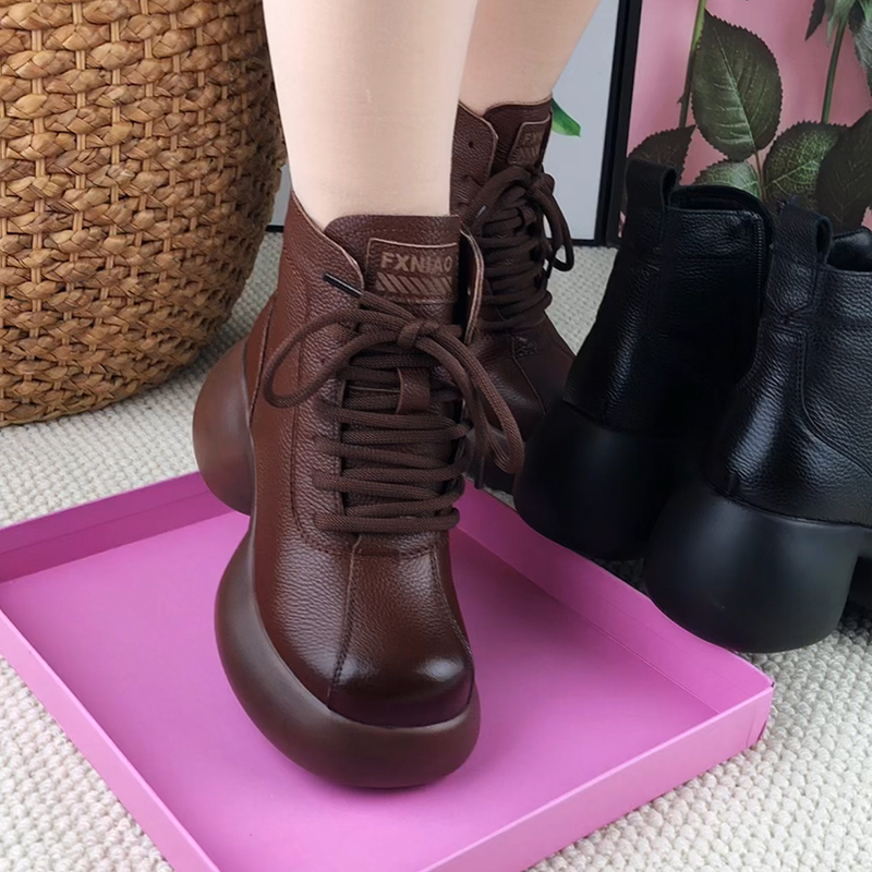 牛皮马丁靴女秋冬季新款真皮圆头粗跟中高跟加绒女靴妈妈短靴棉靴