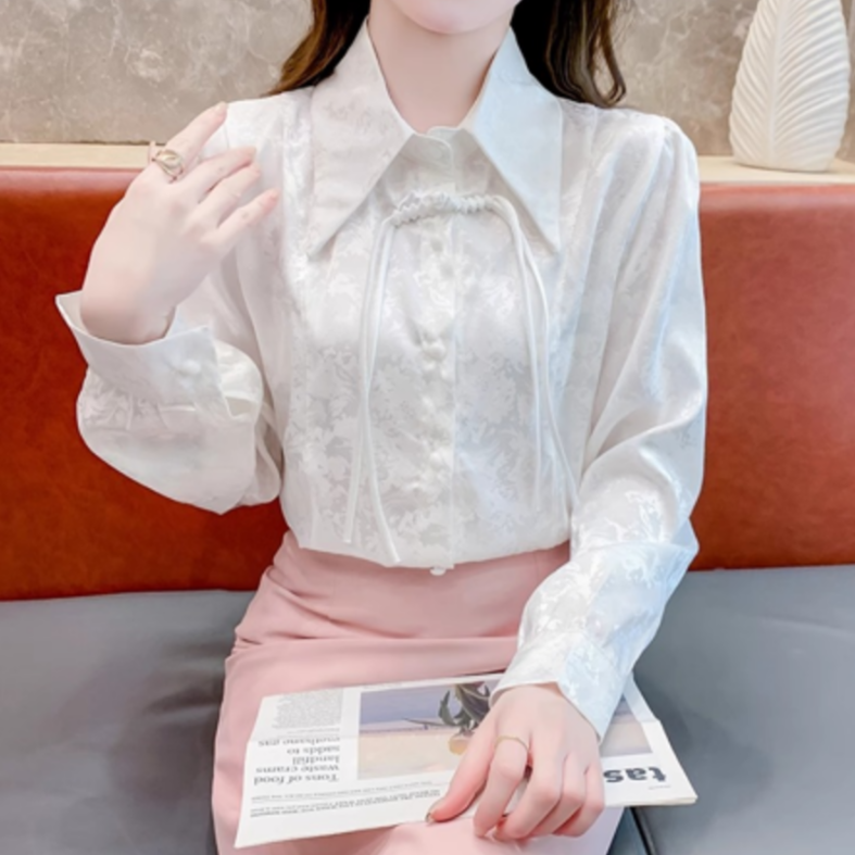 新中式国风提花衬衫女2024秋装新款百搭长袖流苏盘扣雪纺开衫上衣